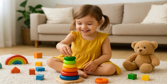 Smiling young girl in a yellow dress sitting on a rug, stacking colorful wooden rings, surrounded by blocks, rainbow toy, and teddy bear.