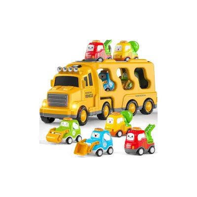 A realistic yellow toy excavator with black tracks on a wooden floor, surrounded by colorful building blocks in a bright playroom setting.