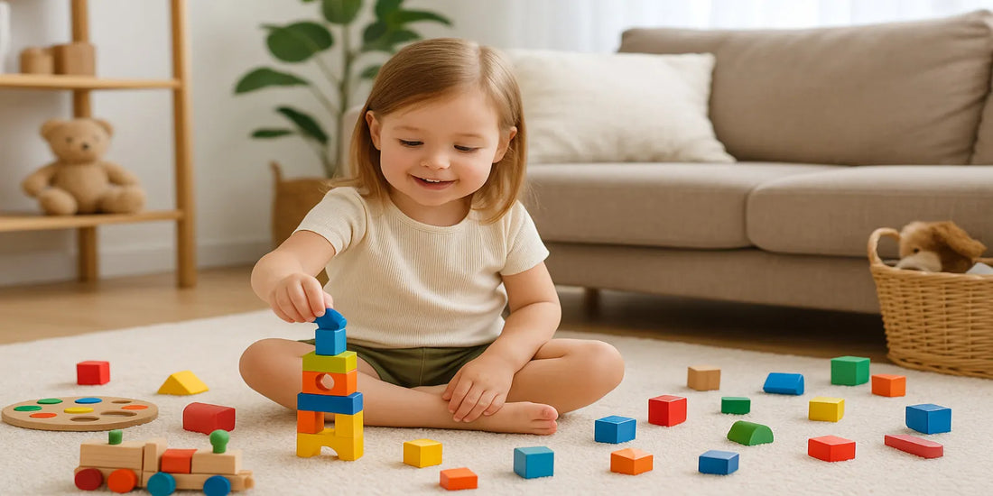 Young girl sitting on a rug, happily stacking colorful wooden blocks and playing with toys in a bright, cozy living room.