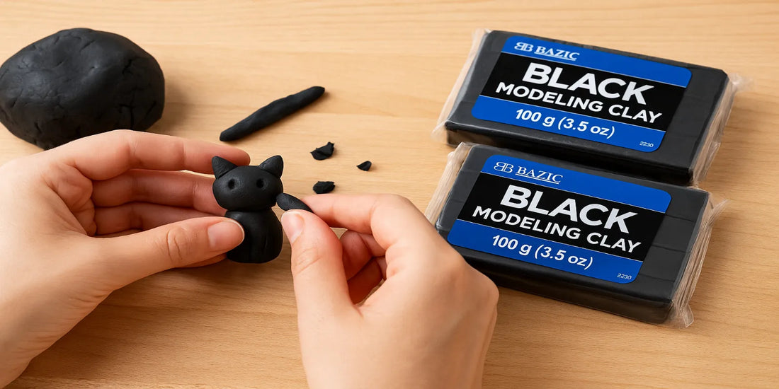 Hands sculpt a small black clay cat using BAZIC Black Modeling Clay 2-pack on a wooden table, with clay blocks and tools nearby.