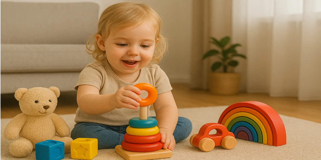 Young child playing happily with colorful wooden stacking toys, blocks, and a teddy bear in a bright, safe playroom.
