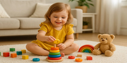 Smiling young girl in a yellow dress stacking colorful wooden rings on a rug, surrounded by blocks, rainbow toy, and a teddy bear.