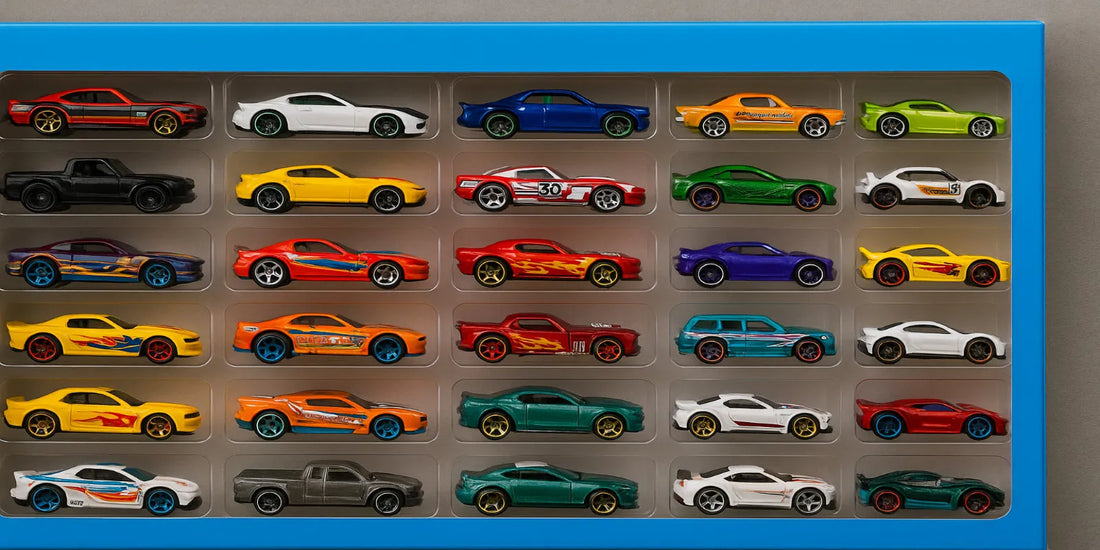 Hot Wheels 24-Car Party Pack featuring colorful die-cast toy cars in a plastic display case, showcasing a variety of vibrant designs and styles.
