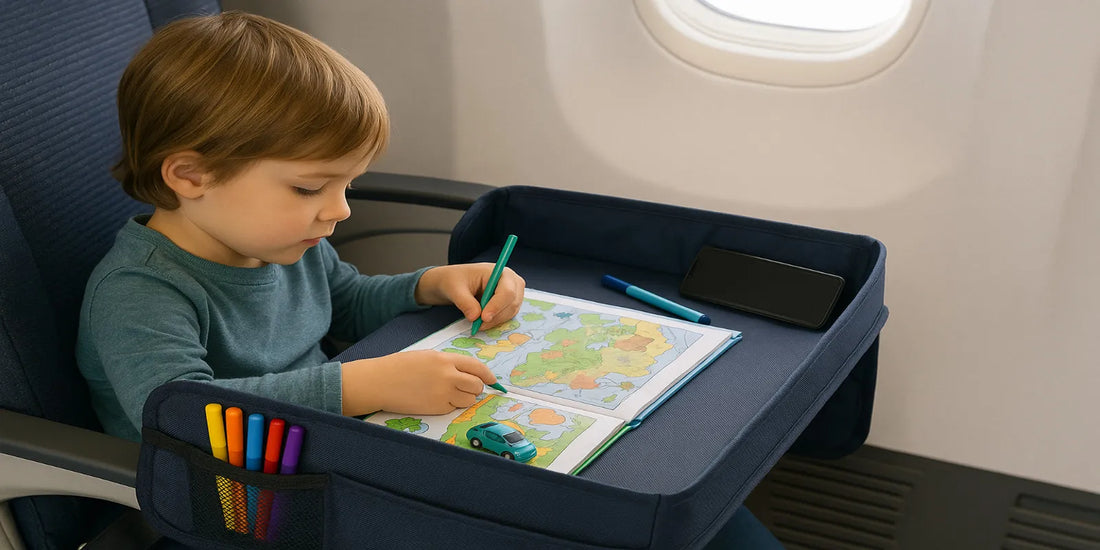A toddler sitting on an airplane seat using a blue travel tray, coloring in a book with markers, with a toy car and tablet on the tray.