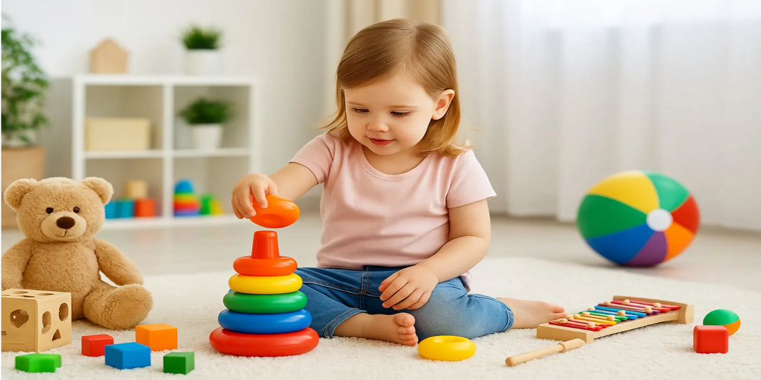 Young girl sitting on a rug stacking colorful rings, surrounded by toys like a teddy bear, blocks, ball, and a xylophone.