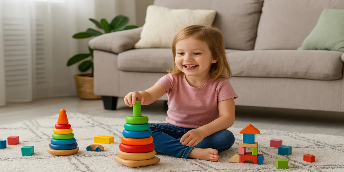 Smiling young girl sitting on a rug, stacking colorful wooden rings and blocks while playing in a bright, cozy living room.