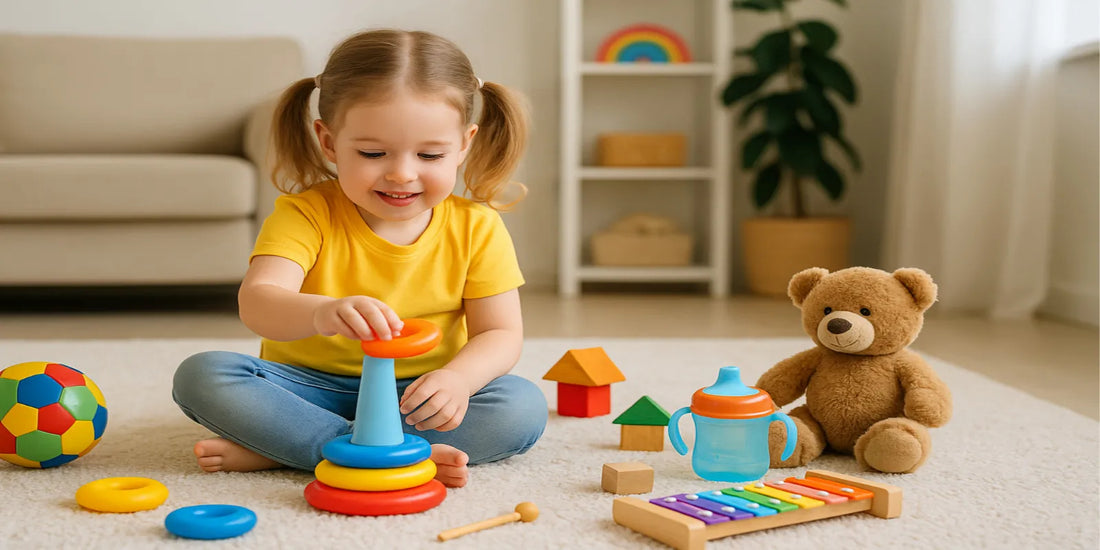 Young girl sitting on a rug stacking colorful rings, surrounded by toys like a teddy bear, xylophone, blocks, and a ball.