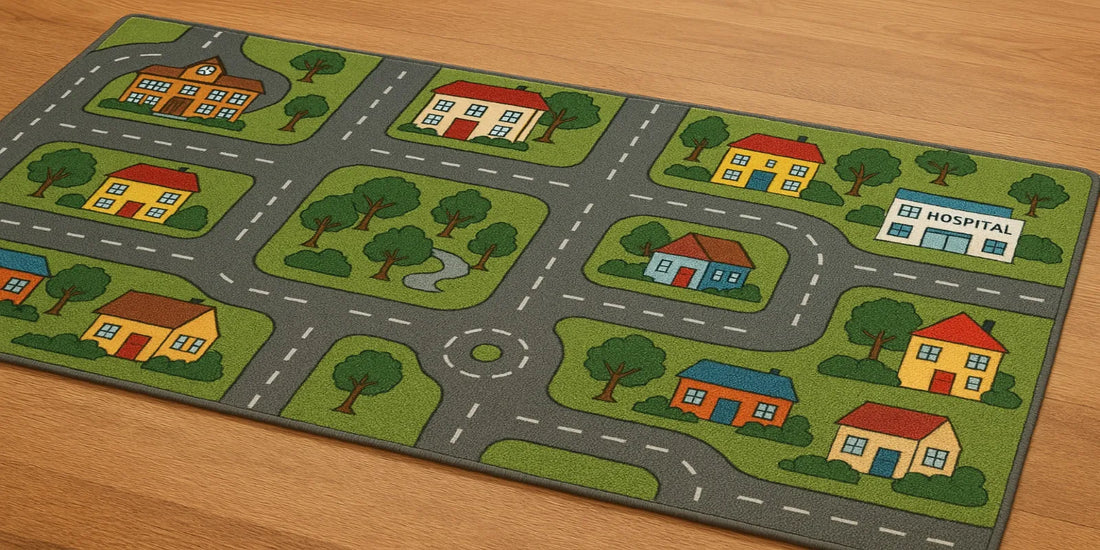 ChatGPT의 말: Colorful neighborhood play carpet for kids featuring roads, houses, trees, school, and hospital—perfect for imaginative learning and fun.