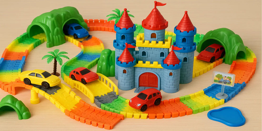 Colorful kids’ race car track with castle, bridges, tunnels, and toy cars, creating a fun adventure playset for children’s imaginative play.