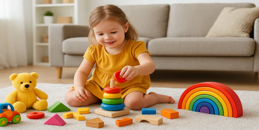 Smiling young girl in a yellow dress stacking colorful wooden rings on a rug, surrounded by blocks, rainbow toy, and a teddy bear.