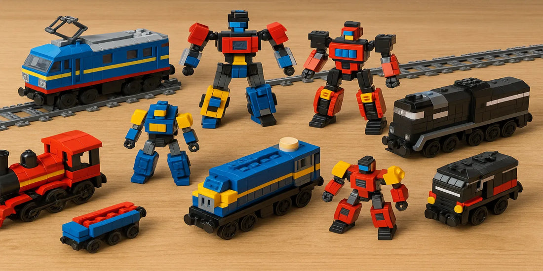 Colorful transformer-style train toys built from blocks are displayed with tracks and robot figures on a wooden surface, perfect for kids' playtime.