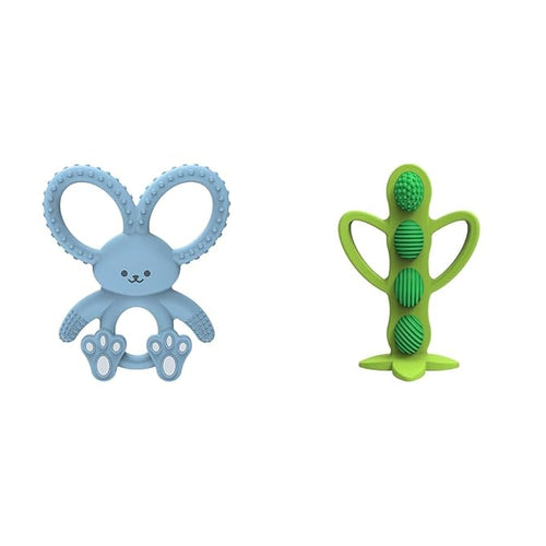 Dr. Brown's Flexees Blue Bunny Silicone Teether and Peapod Teether Toothbrush Bundle for Baby, 3m+