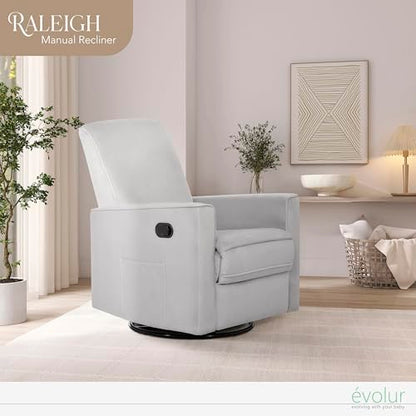 Evolur Raleigh Glider in Grey, Upholstered Plush Seating 360° Swivel Glider Rocking Chair, FSC Certified, Greenguard Gold & JPMA Certified Nursery Glider Recliner