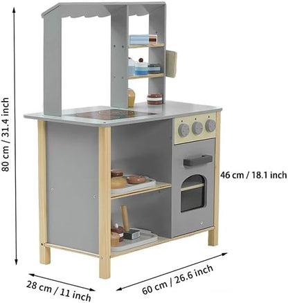 Wooden Play Kitchen Set for Kids, Kids Kitchen Playset Chef Pretend Cooking Set for Toddlers, Children Toys Kitchen with 28 Pcs Toy Bread & Bakeware Accessories