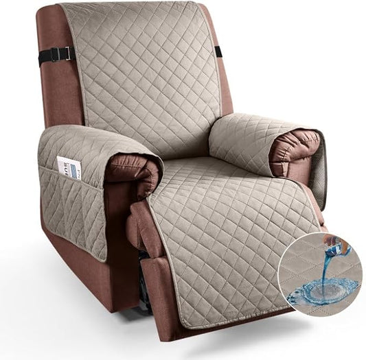 KinCam 100% Waterproof Recliner Chair Cover, Reclining Couch Covers for Pets, Dogs, Recliner Couch Slipcover Furniture Protector with Elastic Straps for Kids(23.6", Khaki)