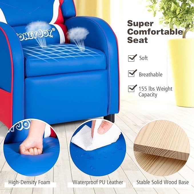MEDIMALL Ergonomic Children's Recliner Chair with Side Pockets and Adjustable Footrest, Made of PU Leather Material, with Soft Cushions for Children's Recliner, Suitable for Children Aged 3-9