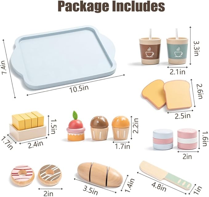 Wooden Play Food Sets for Kids Toddlers Kitchen Pretend Food Play Wood Bakery Toy for 3 4 5 6 7 Years Old Boys & Girls