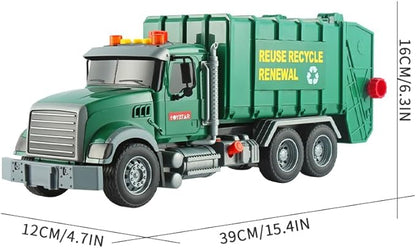 15" Garbage Truck Toy,Dump Friction Powered Waste Management Recycling Trash Truck with Lights &Sounds 3 Trash 3 +
