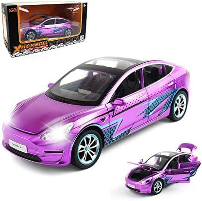 1:24 Scale Model 3 Alloy Car Model Diecast Toy Vehicles for Kids, Car Model Toy，Pull Back Alloy Car with Lights and Music Girls.(1:24 Model 3 -Purple)