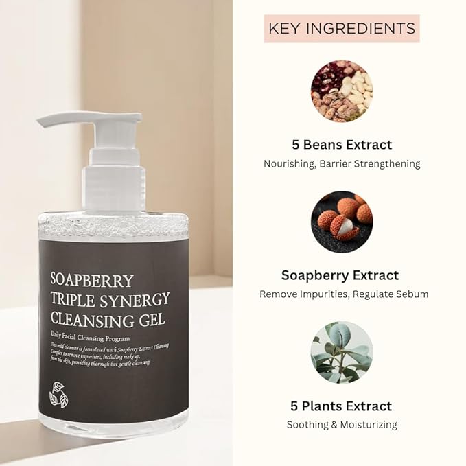 Soapberry Triple Synergy Gel Cleanser with 5 types of Bean, Daily Facial Wash for sensitive skin 8.45 fl.oz, 250ml