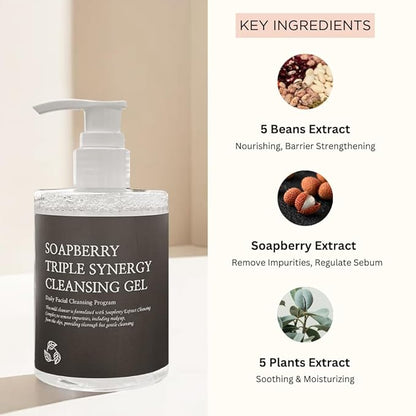 Soapberry Triple Synergy Gel Cleanser with 5 types of Bean, Daily Facial Wash for sensitive skin 8.45 fl.oz, 250ml