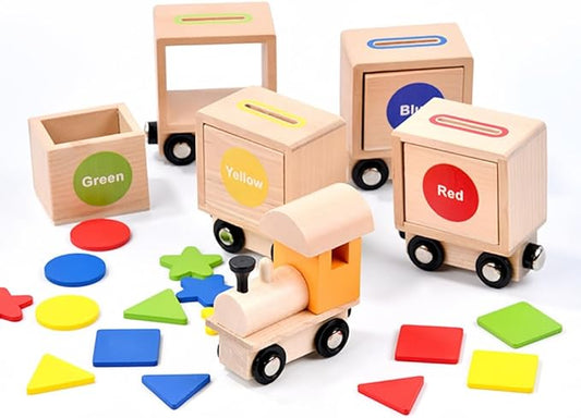 Wooden Magnetic Train Playset, Shape and Color Recognition Color Wooden Train 1-3 Years