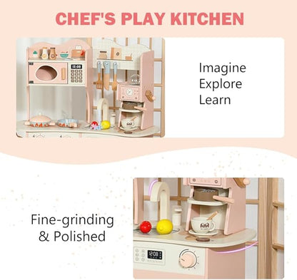 Wooden Play Kitchen for Kids Toddlers, Wooden Pretend Play Kitchen Set Toy with Washing Machine and Coffee Grinder, Toys Kitchen Gift for 3+ Year Old Kids, Girls & Boys