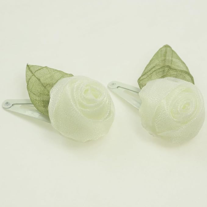 Off white Organza Rose Flower Snap Clips for little Girls -2Pcs
