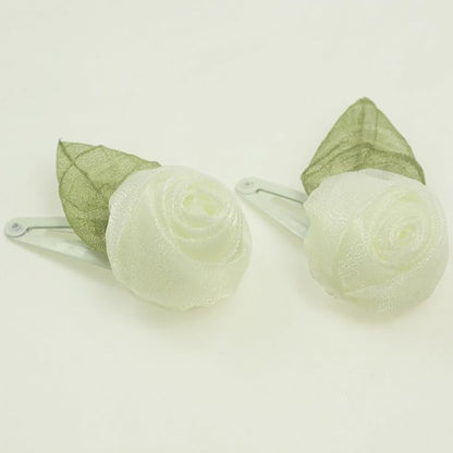 Off white Organza Rose Flower Snap Clips for little Girls -2Pcs