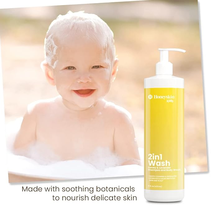 Kids Gentle Moisturizing Shampoo and Hypoallergenic Body Wash - Hydrating Shampoo and Organic Baby Wash for Sensitive Skin with Honey and Lavender (16oz)