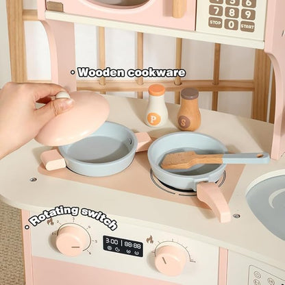 Wooden Play Kitchen for Kids Toddlers, Wooden Pretend Play Kitchen Set Toy with Washing Machine and Coffee Grinder, Toys Kitchen Gift for 3+ Year Old Kids, Girls & Boys