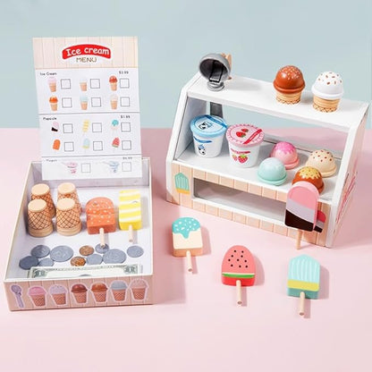 Wooden Ice Cream Toys for Kids Toddler,Ice Cream Counter Shop Pretend Play Toy Food Kitchen Accessories,Play Food Scoop and Serve, Play Kitchen Sets for Kids,Christmas Birthday Gift for Girls Boys