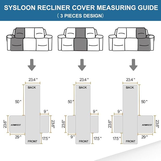 SYSLOON Water Resistant Recliner Chair Covers 3 Piceces,Heavy Duty Non Slip Recliner Chair Cover, Washable Recliner Chair Cover,Living Room Recliner Cover with Pocket for Kids and Pets,Light Grey