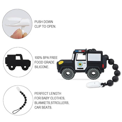 Baby Construction Vehicles Teething Toys,Food Grade Silicone Teether with One-piece Pacifier Clip Holder 3 Months+