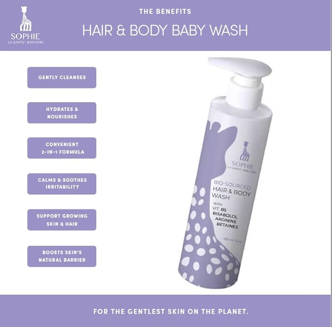 Sophie la Girafe Babycare Hair & Body Wash Unscented- Ultra-Gentle 2-in-1 Cleanser for Skin & Scalp - Fragrance Free, Dye Free 5.5 oz