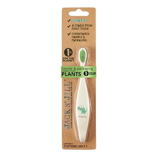 Jack N' Jill Kids Toothbrush - Extra Soft Bristle Toothbrush for Kids, Handle & Packaging Made from Plants (Corn), Ergonomic Handle for Little Hands - Dino Baby, Toddler, & Kids Toothbrush (1 Pack)