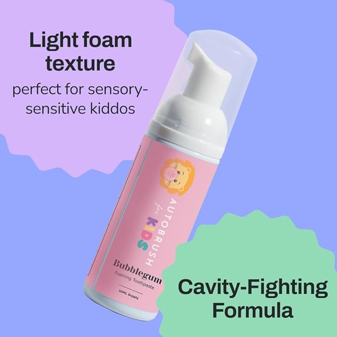 autobrush Kids Fluoride-Free Foaming Toothpaste Bubblegum Flavor for Electric or U-Shaped Toothbrush, SLS-Free, Training Toothpaste, Anti-Cavity (2 Pack)