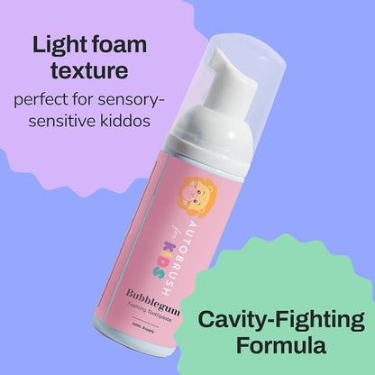 autobrush Kids Fluoride Foaming Toothpaste Bubblegum Flavor for Electric or U-Shaped Toothbrush, SLS-Free, Training Toothpaste, Anti-Cavity, Travel Friendly (2 Pack)