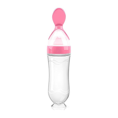 Baby Food Feeder Silicone Baby Food Dispensing Spoon-WAJIAYON, 3 oz Squeeze Feeding Spoons with Suction Cup for Boys Girl Kids Toddlers - Self Feeding Bottle Spoon-Pink