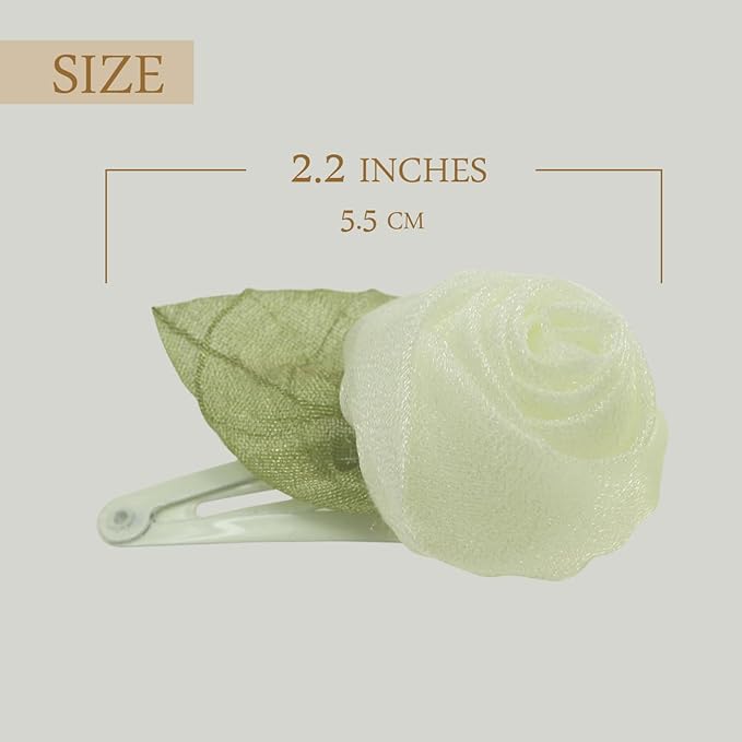 Off white Organza Rose Flower Snap Clips for little Girls -2Pcs