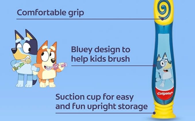 Colgate Bluey Toothbrush for Children with Suction Cup, Kids 2-5 Years Old, Extra Soft (Colors & Characters Very) - Pack of 3