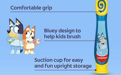 Colgate Bluey Toothbrush for Children with Suction Cup, Kids 2-5 Years Old, Extra Soft (Colors & Characters Very) - Pack of 3