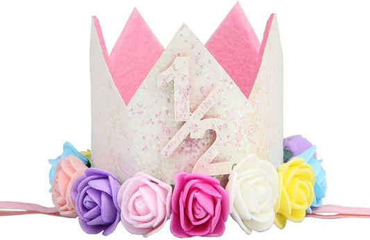 Baby's Rose Flowers Gold Sequins Birthday Crown Headband for Birthday
