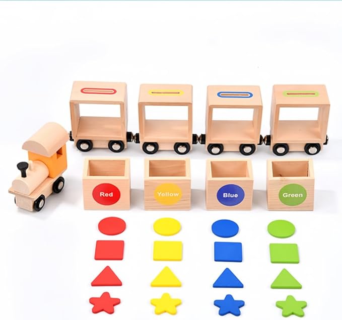 Wooden Magnetic Train Playset, Shape and Color Recognition Color Wooden Train 1-3 Years