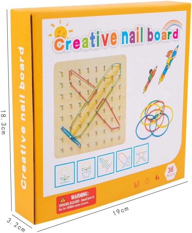 Wooden Geoboard - Montessori Toys for 3~6 Year Old Kids and Toddlers, Educational Toy with 24 Pattern Cards and 60 Rubber Bands to Create Figures, Brain Teaser STEM Toy Geo Board