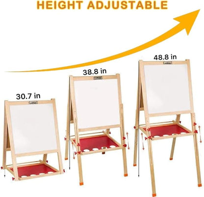 Wooden Art Easel for Kids, Double Sided Kids Easel with Whiteboard & Chalkboard, Height Adjustable Standing Toddler Easel with Painting Accessories, Education Gift for Boys and Girl Toddler