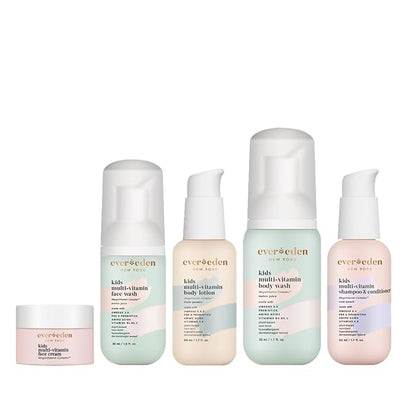 Evereden Kids Complete Routine Travel Set: Clean & Vegan 5-Piece Skin Care Set for Kids | Multi-Vitamin Kids Skin Care Set with Body Wash, Lotion
