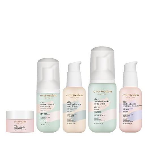 Evereden Kids Complete Routine Travel Set: Clean & Vegan 5-Piece Skin Care Set for Kids | Multi-Vitamin Kids Skin Care Set with Body Wash, Lotion