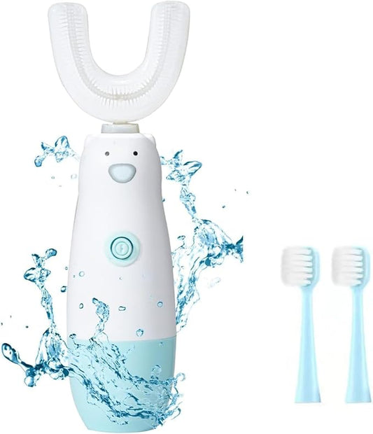 Kids Electric Toothbrush，6 Cleaning Models Toddler Toothbrush Waterproof Battery Powered 360 Automatic Sonic u Shaped Toothbrushes for 2-7 Years Old for Boys Girls（Blue）