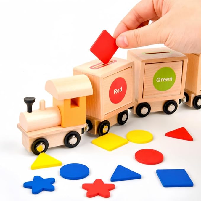Wooden Magnetic Train Playset, Shape and Color Recognition Color Wooden Train 1-3 Years